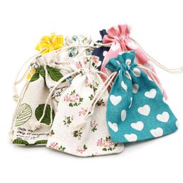 5pcs/lot Colourful Designs Linen Cotton 10x14cm Wedding Favour Candy Bracelet Jewellery Packaging Bags Muslin Gift Bag Pouches