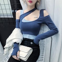 female full hooking sleeve sexy T-shirt girls slim stretchy patchwork irregular chic tshirts crop tops for woman 220408