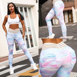 Womens High Waist Sexy Yoga Pants BuFold Pocket Gradual Change Bodybuilding Leisure Time Rendering Nine Part