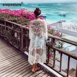 Sexy Lace Embroidery Beach Cover Up Women Bikini Cover Up Long Beach Dress Tunics Swimsuit Bathing Suits CoverUp Beachwear T200324