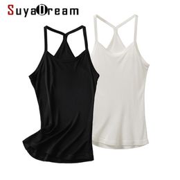 SuyaDream Women Silk Camisoles Natural Sleeveless Solid Black White Chic Camis Summer Elegent Vests 220325