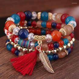 Charm Bracelets Bohemian Multicolor Crystal Leaves For Women Ethnic Elastic Rope Tassel Beads Wrap Bracelet Pulseira FemininaCharm Lars22