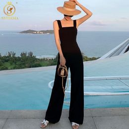 HMA High Waist Rompers Womens Jumpsuit Solid Sling Lady Trousers Fashion Sleeveless Wide Legs Women Overalls Clothing W220427