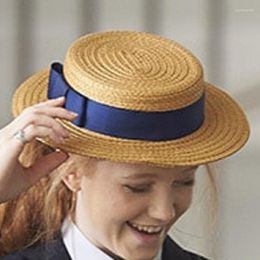 Wide Brim Hats Natural Rafi Straw Casual Simple College Style Shallow Flat Top Bow Decoration Fedoras Student HatWide