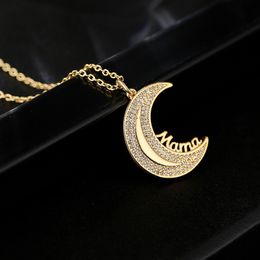 Luxury Design 18K Gold Micro Pave MAMA Moon Pendant Necklace for Mother Gift