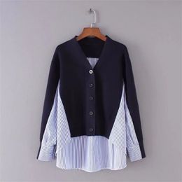 New Pattern Spring Autumn Fashion Woman Tops Long Sleeve Spliced Striped Fake Two Pieces Vneck Blouse Shirt S077 201201