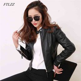 FTLZZ European Style O Neck PU Leather Jacket Fashion Motorcycle Leather Outwear Women Slim Biker Coat Basic Streetwear 210908