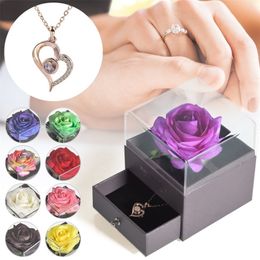 Mothers Day Forever Flower Eternal Rose Jewelry Box with 100 Languages I Love You Necklace Wedding Birthday Gifts for Girlfriend 220406