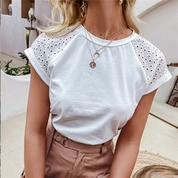 Casual solid Lace stitching cotton women T shirt summer Hollow out sleeves o neck female tops leisure Basic 220408