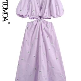 KPYTOMOA Women Fashion Floral Embroidery Poplin Hollow Out Midi Dress Vintage Puff Sleeve Backless Female Dresses Vestidos 220629