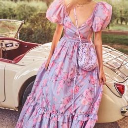 Bright Like Silk Lavender Floral Print Ball Gown Dress Puff Sleeve Retro Women Tie Bow Waist Long Dresses Fairy Vestidos 220511