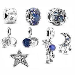 925 Sterling Silver Beads moon star starry sky Blue Series Charm Fit Pandora Bracelet or Necklace Pendants Lady Gift