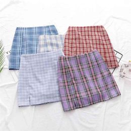 Europe and the United States women's wear the new summer tall waist grid double split with pants bag hip skirt 210331