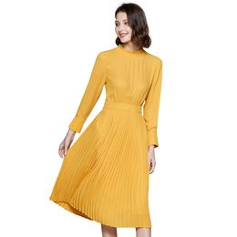 women's quality fashion medium and long sleeve ear collar lemon yellow slim dress 220418
