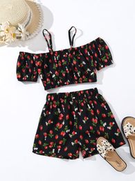 Toddler Girls Floral & Strawberry Print Cold Shoulder Top & Shorts SHE