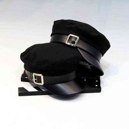 Spring Summer Women Black Military Hats Snapback Autumn Winter Fashion Wool Pu Leather Patchwork Newsboy Caps With Belt Female J220722