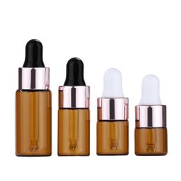 3ml glass dropper bottles Australia - 1ml 2ml 3ml 5ml Empty Clear Brown Glass Dropper Bottle Cosmetic Packaging Reffillable Container Essential Oil Vials Rose Gold Lid Black White Rubber Top