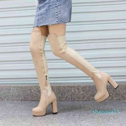 Fashion-Over The Knee Boots Women Faux Suede High Platform Slim Sexy Ladies Winter