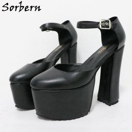 Sorbern Black Matt Women Pump Ankle Strap Platform Shoe Block Heels Size Eu46