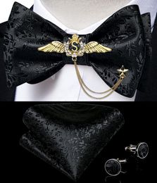Bow Ties Arrival For Men Silk Bowties Cufflinks Handkerchief Set Party Wedding Suit Accessories Man Tie Golden Brooch Fred22