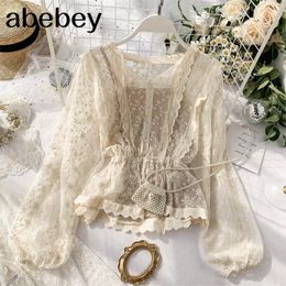 autumn lace blouse shirt ladies French retro lantern sleeves lotus leaf lace shirts T200608