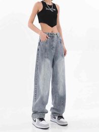 Blue Womens Jeans High Waist Retro Straight Baggy Denim Pants Streetwear American Style Fashion All-Match Wide Pipes Denim Pants L220726