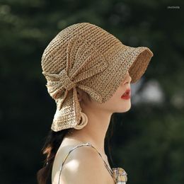 Wide Brim Hats Ladies Spring Summer Small Crochet Straw Hat Raffia Bow Sun Floppy Beach Dome Bucket HatWide Chur22
