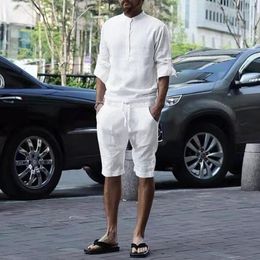 F_Gotal Mens Two Pieces Linen Cotton Outfits Sets Print Short Sleeve Long Pants Tracksuit Casual Pajamas Set Plus Size 