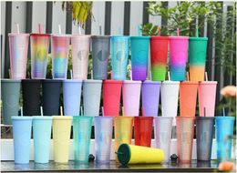 32 Colours studded plastic cup 24oz tumbler mix Colour with Lid Straw Double Walled Reusable Plastic Tumblers 710ml Brandy Diamond Water Bottles