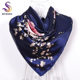 Bysifa Navy Blue Chinese Roses Large Square Scarves Female Elegant Silk Scarf Fashion Ladies Accessories 90 90cm
