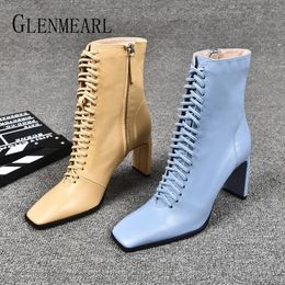 Women Leather Boots Fashion High Heels Shoes Winter Lace Up Woman Martin Boots Square Toe Ankle Boots Female Shoes Heels Y200114