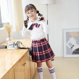 Clothing Sets 90-130Cm Performance Dance Costumes British Style School Uniform For Kids Girls White Blouse Red Plaid Children Skirt Set Choi