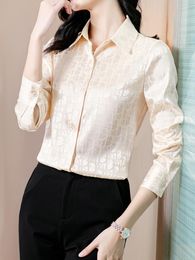 Women's Blouses & Shirts Lapel Jacquard Women Shirt Glossy Letter Print Pattern Silk Fabric Long Sleeve Blouse Classic Commuter Elegant Ladi