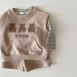 MILANCEL Spring Baby Clothing Set Toddler Bear Vest Striped Blouse And Shorts 3Pcs Boys Suit 220507