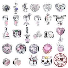 925 Sterling Silver Dangle Charm Rose Girl Boy Pink Sparkle Spacer Clip Charm Bead Fit Pandora Charms Bracelet DIY Jewellery Accessories