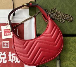 Realfine Bags 5A 699514 20.5cm Marmont Half-Moon-Shaped Mini Shoulder Handbags Purses For Women with Dust bag Box Red Color Chevron Leather