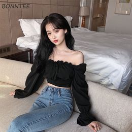 Blouse Black Puff Sleeve Sexy Ladies Lovely Trendy Slim Cropped Top Summer Arrival Square Collar Chiffon Elegant Ins 220707