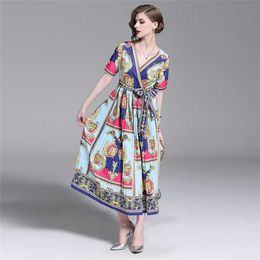 Summer Sexy V Neck vintage Floral Print Bandage Dress Midi Long Party Women Casual Elegant Pleated Holiday Dresses 210529