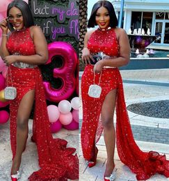 2022 Plus Size Arabic Aso Ebi Red Luxurious Sheath Prom Dresses High Neck Evening Formal Party Second Reception Birthday Engagement Gowns Dress ZJ263