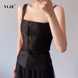VGH Black Sashes Slim Vests For Women Square Collar Sleeveless Straight Solid Sexy Camis Female Summer Fashion Clothing 220318