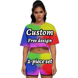 3D Custom DIY Print Ladies Tracksuit 2 Piece Outfits For Women Crop Top Track Suit Two Set And Shorts Streetwear 220706
