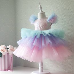 Girls Formal Princess Dress Kids Lace Tulle Rainbow Elegant Evening Party Cake Tutu Prom Gown Children Wedding Communion Costume 220707