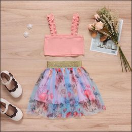 Clothing Sets Baby Kids Baby Maternity Girls Outfits Children Sling Tops Floral Print Mesh Skirt Dhmgv