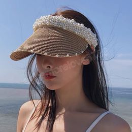 Summer Fashion Pearls Visors Women Straw Hat Foldable Adjustable Wide Brim Outdoor Beach Sun Hats Ponytail Caps