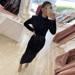 Vinca Evening Dresses Sunny Shiny Sequins Mermaid for Women Tea Length High Neck Long Sleeves Formal Prom Party Gowns