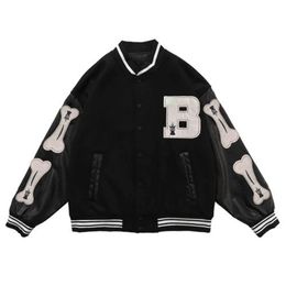 Men's Jackets Hip Hop Men Varsity Harajuku Retro Bone Patchwork Leather Baseball Jacket Casual Fashion Letter Coat Streetwear TopsMen's