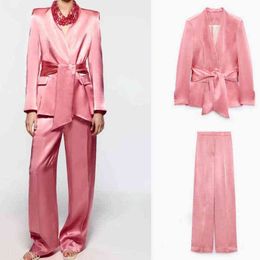 Za Women Silk Satin Textured Suit with Belt and Wide Leg Pants Set Fashionable V-Neck Long Sleeve Slim Fit Jacket Street Style T220729