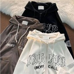 Women's Hoodies & Sweatshirts Vintage American Embroidered Letters Print Zip Sweatshirt Women Fashion Casual Grunge Fairy Tale Punk Couple H