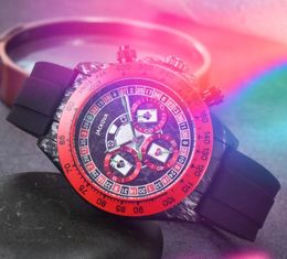 Hottest fashion full functional quartz stopwatch watch men 43mm red Colour case bezel Sapphire Cystal rubber silicone Wristwatches montre de luxe Gifts