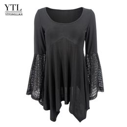 Yitonglian Women Flare Sleeve Round Neck Vintage Style Lace Black Punk Blouse Shirt Elegant Top Long Tee H376 220402